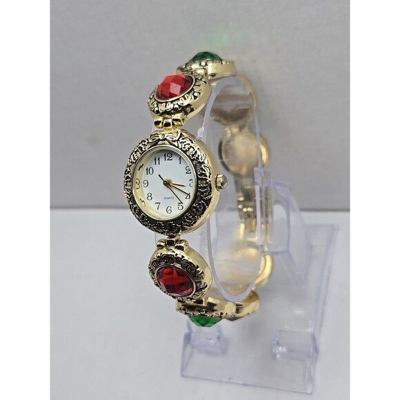Vintage Moulin Christmas Watch Red Green Wreath New Battery Quartz Bracelet - Picture 2 of 10